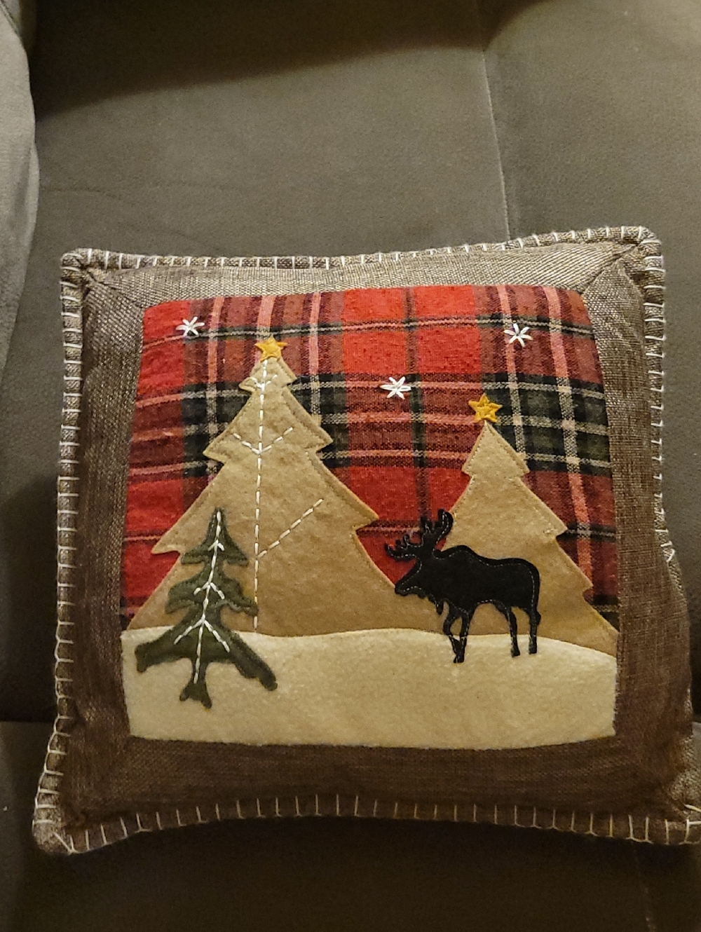 Holiday Plaid Moose Decorative Throw Pillow in Brown and Red